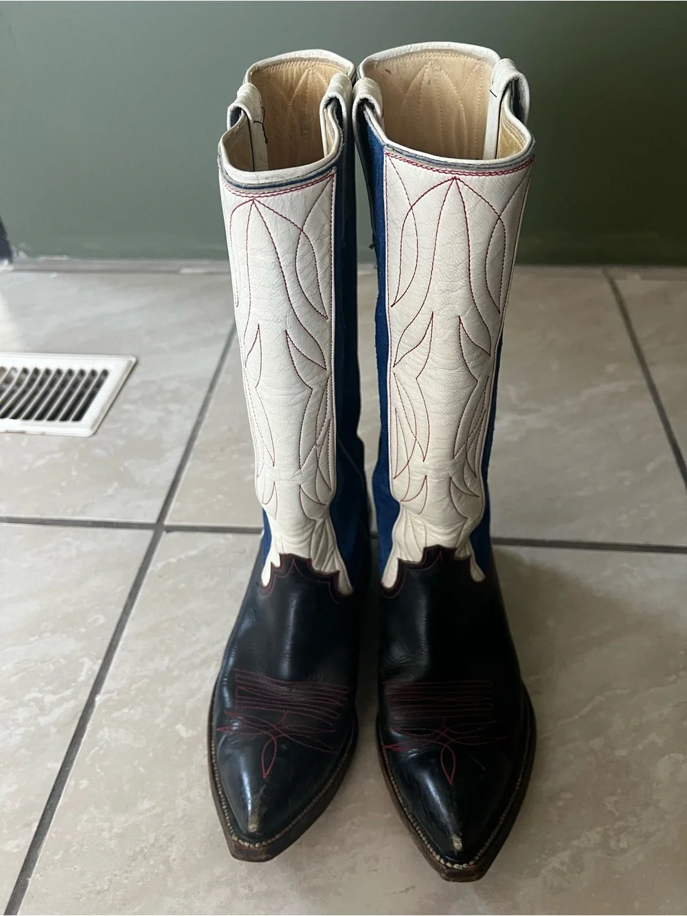 Men's Navy Blue and White Western Cowboy Boots